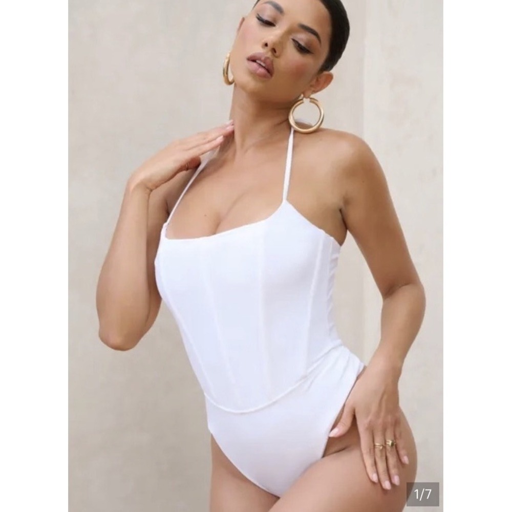 Club L London After sun Corset Halter One Piece Swimsuit White Size 4 Beach